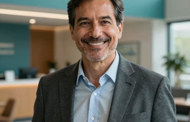 A professional headshot of a mature man in business casual clothing, smiling confidently in a modern North American office lobby with teal accents and warm, natural light.