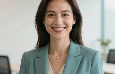 A professional headshot of a woman in modern business attire, smiling warmly in a bright, clean North American office environment with soft teal and off-white colors.