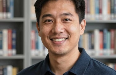 A professional headshot of a person in a North American educational setting, smiling and looking into the camera, with a background of light grey bookshelves.