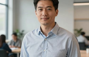 A professional headshot of a man in a smart casual shirt, standing in a bright North American coworking space with soft daylight and clean light grey architecture.
