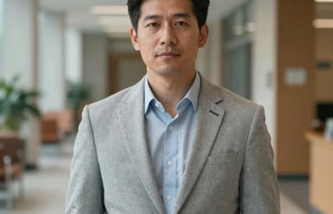 A portrait of a male educator in a light gray blazer standing in a modern university hallway. He looks towards the camera with an expression of intellectual rigor. North American / International context.