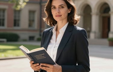 A portrait of a woman in professional attire holding a book, standing in a sun-drenched academic courtyard. The setting reflects international education and progress.