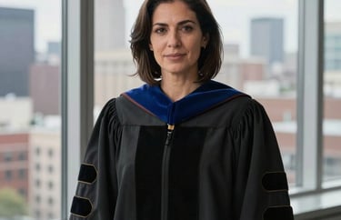 A professional portrait of a woman in academic attire, standing before a large window with a cityscape view. The lighting is crisp and inspires leadership. North American / International context.