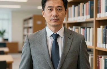 A portrait of a mid-career male professional in a gray suit, standing in a brightly lit modern library. He embodies academic rigor and international connectivity.