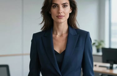A professional portrait of a woman with a confident expression, wearing a navy blue blazer, standing in a modern office with light gray accents. North American / International.