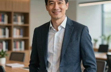 A portrait of a male business expert in a smart casual outfit, standing in a library-style modern office, confident and friendly expression.