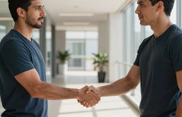 Two professionals, Latin American, shaking hands firmly in a modern sunlit hallway after a successful training session.