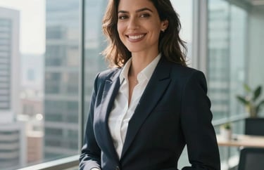 A portrait of a professional woman in a business suit, smiling confidently in a modern glass-walled office in a Latin American city, bright morning light.
