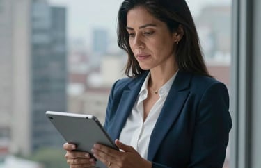 A focused Latin American woman leader standing in front of a window overlooking a cityscape, holding a tablet, soft blue and gray color palette.
