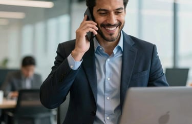 A professional consultant in a modern Latin American office environment, talking cheerfully on the phone while looking at a laptop, professional setting.