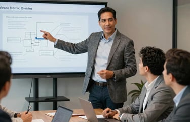 A professional mentor, a Latin American man in a stylish blazer, presenting a concept on a digital screen to a small group in a contemporary boardroom.