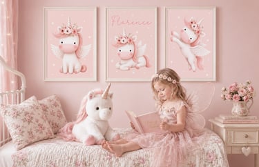 Girls personalised unicorn nursery prints in a blush pink French country nursery by Bunting & Beau