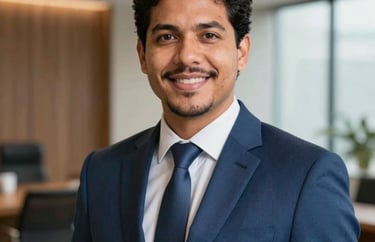 Professional headshot of a South American / Brazilian male lawyer in a Steel Blue suit, modern law office interior background.