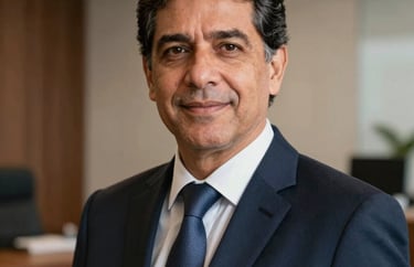 Professional headshot of a senior South American / Brazilian male lawyer in a Deep Navy suit, confident expression, South American / Brazilian corporate setting.
