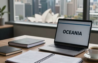 An attorney's desk with a laptop, legal pads, and a cup of coffee, looking out over an Oceania / Australian urban landscape, symbolizing a dedicated work ethic.