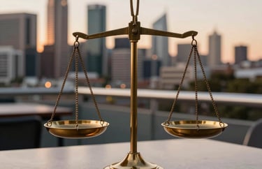A close-up of a brass scale of justice on a polished desk, set against the backdrop of an Oceania / Australian city skyline at sunset.