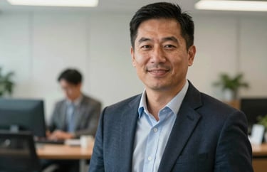 A professional portrait of an agricultural development lead in a crisp, business-casual style, North American / US office.