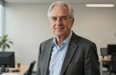 A professional portrait of a senior leadership member in an off-white modern office setting, North American / US professional style.