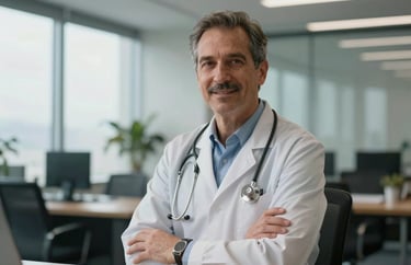 A professional portrait of a global health expert in a modern office with natural lighting, North American / US context.