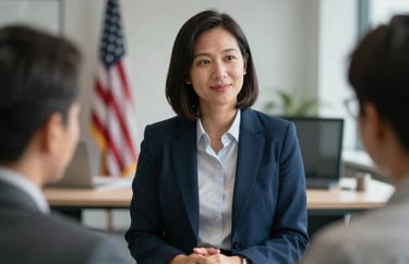 A medium shot of a policy expert in a collaborative North American / US workplace, wearing a professional dark blue blazer.