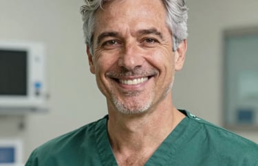 A professional headshot of an experienced veterinarian with grey hair, wearing a forest green scrub top, smiling in a clinical setting in the United States.