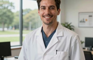 A professional headshot of a male pet nutritionist standing in a bright, modern office with a window overlooking a North American park.