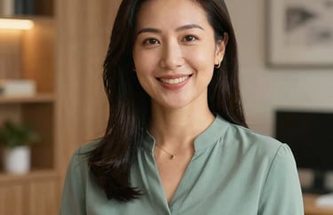 A professional headshot of a female pet behaviorist in a warm, inviting office with wood accents in the US, wearing a professional sage green blouse.