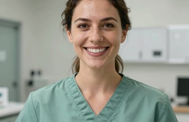 A professional headshot of a female veterinary technician smiling warmly, wearing a sage green uniform in a modern pet clinic in the United States.