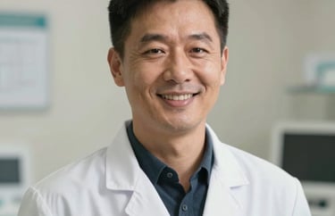 A professional headshot of a male veterinarian in a white lab coat, smiling confidently in a modern North American clinic setting with soft off-white background.