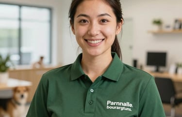 A professional headshot of a female boarding manager wearing a branded moss green polo shirt, smiling in a bright, modern North American pet reception area.