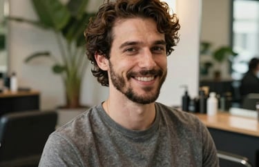 A warm portrait of a professional male hair stylist smiling in a modern, plant-filled salon setting in the US under soft natural lighting.