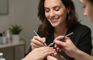 A professional portrait of a nail technician with beautifully kept natural hands, smiling warmly in an elegant minimalist beauty studio in the US.