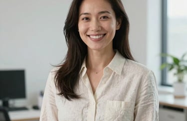 A professional portrait of a smiling female dermatologist wearing a simple cream linen shirt in a bright minimalist office in the US, bathed in soft natural lighting.