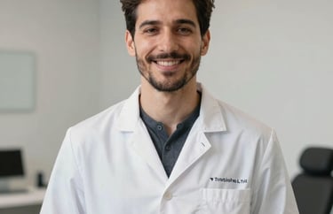 A professional portrait of a friendly male trichologist in a minimalist consulting room in the US, with a clean soft-focus background.