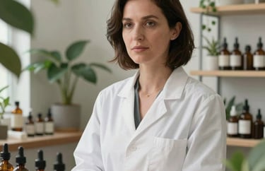 A professional portrait of a calm female botanical formulator surrounded by soft green leaves and amber bottles in a clean North American apothecary studio.