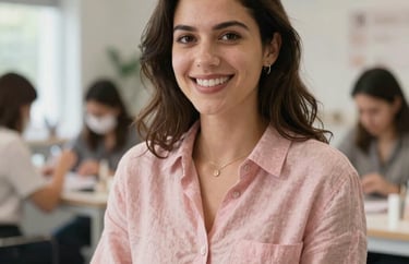 A portrait of an enthusiastic female nail educator wearing a soft rose pink linen shirt in a brightly lit modern workshop in the US.