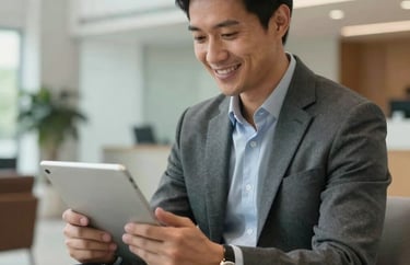A professional North American man in business casual attire smiling while looking at a tablet, seated in a bright, modern corporate lobby, crisp lighting, professional photography.
