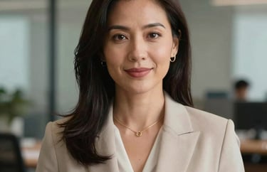 Portrait of a professional North American woman in business attire, looking approachable and experienced, modern office background, soft lighting.