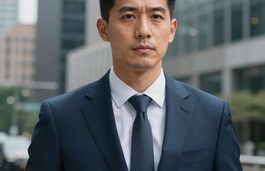Portrait of a North American professional man in a navy suit, looking determined and reliable, blurred city office background, professional photography.