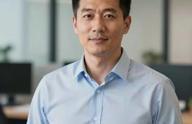 Portrait of a professional North American man in a light blue dress shirt, looking confident and helpful, soft-focus office background, professional photography.
