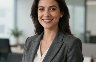 Portrait of a professional North American woman in a charcoal gray blazer, smiling warmly in a bright office environment, corporate headshot photography style.