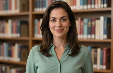 Professional portrait of a welcoming woman in a Sage Green blouse standing in a North American / US library setting with soft focus on bookshelves behind her.