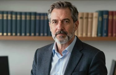 A professional portrait of a man in a North American / US office setting with spiritual books visible in the background, conveying leadership and wisdom.