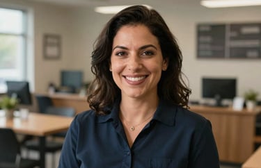 A professional portrait of a woman in a North American / US community space, looking organized and helpful with a friendly, welcoming smile.