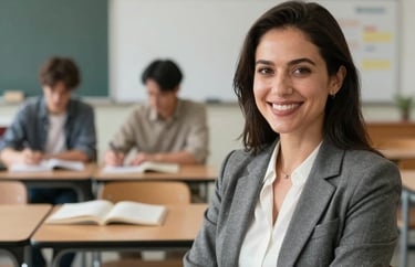 A professional portrait of a woman in smart casual attire, smiling in a bright North American / US classroom setting with a warm and encouraging expression.
