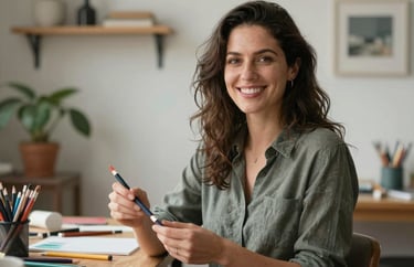 A professional portrait of a woman with a creative workspace in a North American / US setting, smiling warmly and holding art supplies.