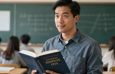 A professional portrait of a man in a friendly North American / US educational setting, holding a history textbook and looking knowledgeable.