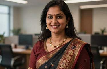 A portrait of a smiling South Asian / Indian professional woman in a modern office environment with traditional textile accents, warm and professional lighting.