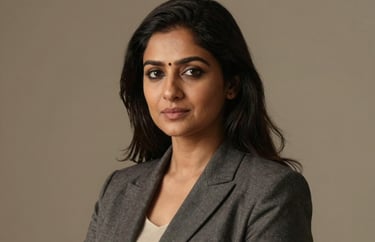 Portrait of a South Asian / Indian woman in professional attire, soft earth tone background, warm and confident expression, high-end photography.