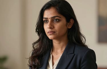 Portrait of a South Asian / Indian woman looking focused and capable, wearing professional attire, ivory walls and soft earth tones in the background.